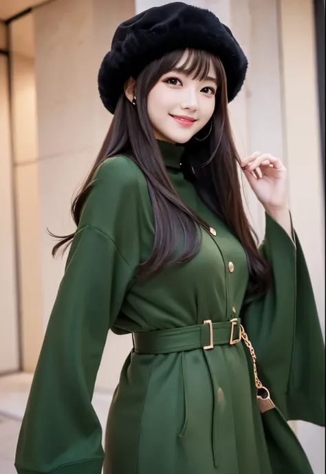 masterpiece、Highest quality、whole body、One Girl、bangs、Japanese、Black Hair Long Hair、fur、hat、Long sleeve、dark green、smile、alone、Stylish woman、 pastel colored outfits、front、Luxury background elements、Confident expression、Modern and trendy、Fashion focus
