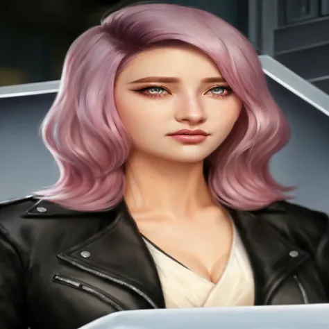 a woman with pink hair and a black jacket is looking at you worried, realistic artstyle, silver irises, realism artstyle, photorealistic artstyle, caucassian, detailed fanart, realistic art style, 🤤 girl portrait, highly detailed exquisite realistic portra...