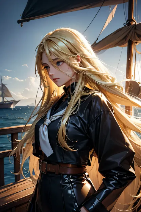 Perfect Anatomy　Best Quality,Highest Resolution,(((Shiny clothes　Blonde Hair　Long Hair　sweat)))　Age of Discovery　Wooden sailing ship　Sailor　Adult women　Age 35　1700s　navy　soldier　Admiral