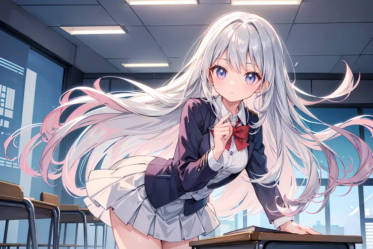 ((Best Quality)),Anime Style,girl,Silver Hair,Long Hair,mini skirt,uniform,The background is the classroom