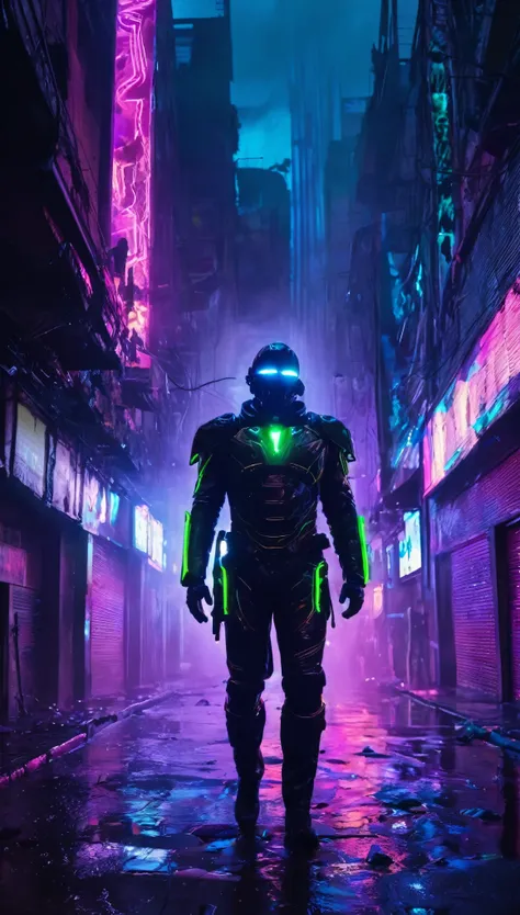 In the shadowy depths of a crumbling metropolis, *The Vapor Wraith* emerges, a spectral figure wrapped in futuristic armor. His suit is sleek, made of dark metallic plates that shift from jet black to deep violet, reflecting the neon glow of the broken cit...