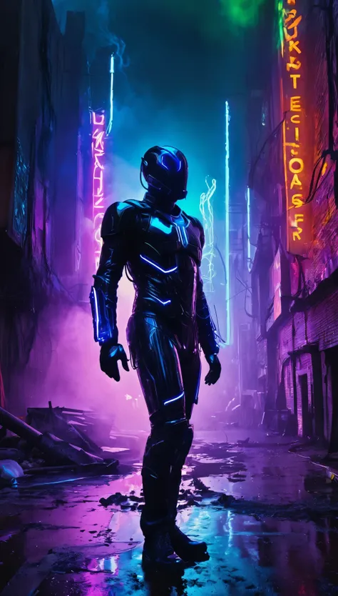 In the shadowy depths of a crumbling metropolis, *The Vapor Wraith* emerges, a spectral figure wrapped in futuristic armor. His suit is sleek, made of dark metallic plates that shift from jet black to deep violet, reflecting the neon glow of the broken cit...