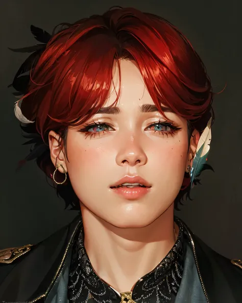 arafed image of a man with red hair and a black jacket, jimins plump lips, jimins right eyelid swollen, jimins grecian nose, jimin, park jimin, accurate jimin face, portrait of jossi of blackpink, jossi of blackpink, portrait of kpop idol, crimson red hair...