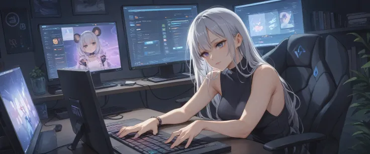 Black and purple gaming PC　little sexy clothes　Playing a game　Thin silver hair　Keyboard glows purple　Mouse glows purple　Dimly lit room