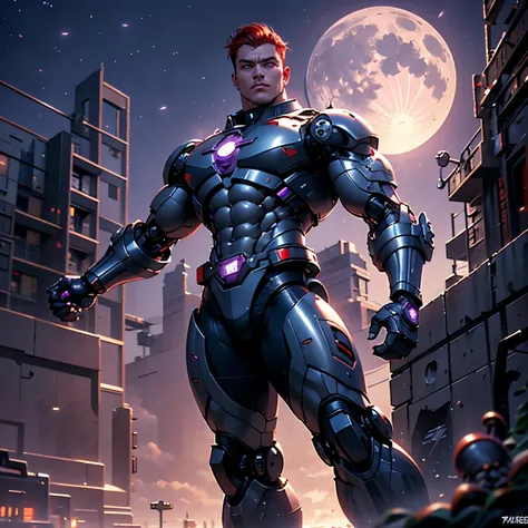 Cyborg Man, human body, robotic lock, military style red hair, cybernetic arms and legs, bodybuilder, strong abs, circuits, on the beach, full moon, purple sky!