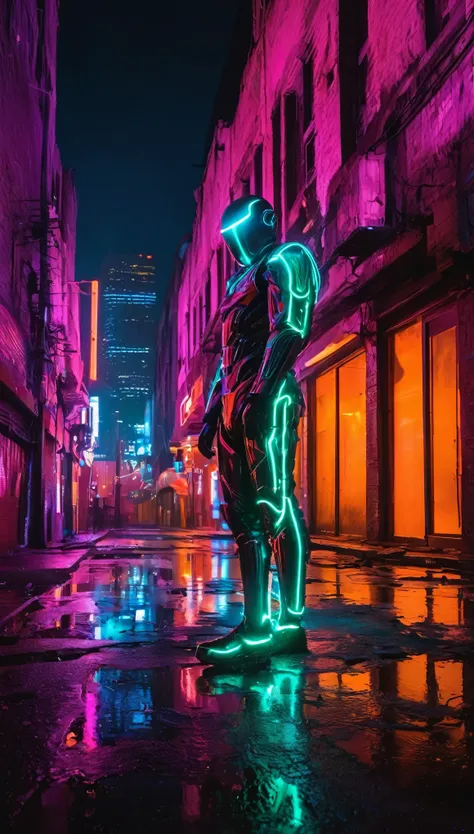 In the depths of a dark, abandoned city, the figure known as *The Neon Specter* prowls among the ruins of neon-lit streets. Captured in a medium shot, his form radiates an eerie glow, standing out against the shattered landscape. His sleek, obsidian armor,...