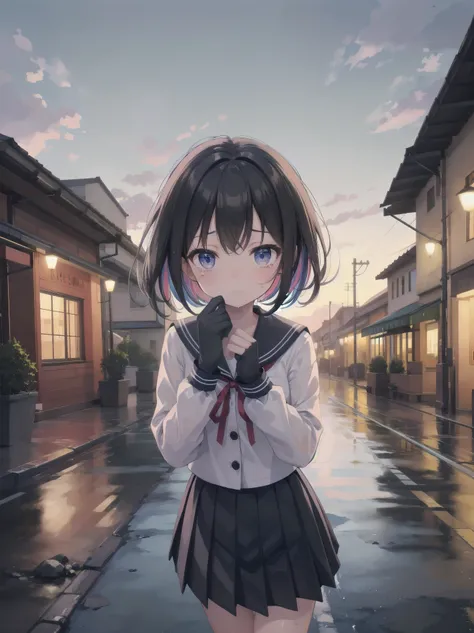 Sailor collar bow front mitt uniform, color block long sleeve button top & pleated checkered long skirt, big ribbon on head, black   is standing on a street corner after the rain with her umbrella closed, looking up at the sky. A single tear on her cheek, ...