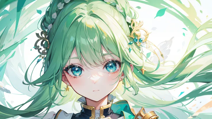 Beautiful girl having an adventure、Detailed eyes、Green Hair、Half Up Hair、White clothes、Wizard&#39;s wand、Uses healing magic、Anime movie posters、Anime Characters