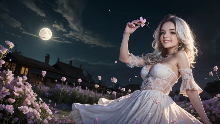 masterpiece, best quality,, 1girl, (colorful),(finely detailed beautiful eyes and detailed face),cinematic lighting,bust shot,extremely detailed CG unity 8k wallpaper,white hair,solo,smile,intricate skirt,((flying petal)),(Flowery meadow), sky, cloudy_sky,...