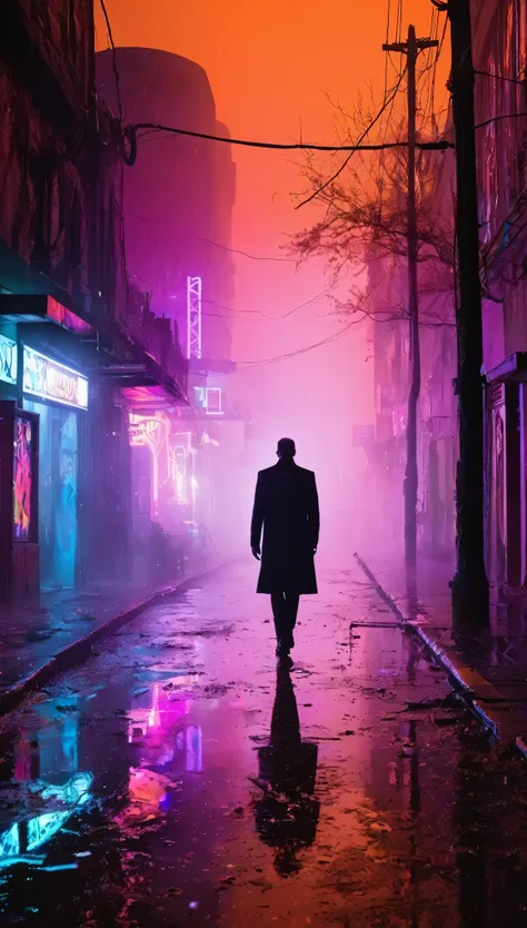 In the ruins of a forgotten city, *The Neon Specter* glides through the darkness, captured in a medium shot that highlights the strange, otherworldly glow of his form. His sleek, obsidian-black suit is adorned with transparent tubes that wind around his li...