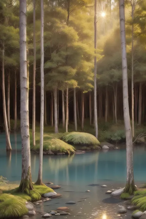 Create an awe-inspiring digital artwork that captures the serene beauty of an ancient forest at twilight. The scene should feature towering trees bathed in soft, golden light filtering through the foliage, casting gentle shadows on the lush undergrowth. Th...