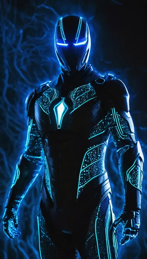 In the ruins of a forgotten city, *The Neon Specter* stands, a figure cloaked in a futuristic, form-fitting suit that clings to his body like a second skin. His face is hidden entirely behind a smooth, featureless mask of black glass, reflecting no light—o...