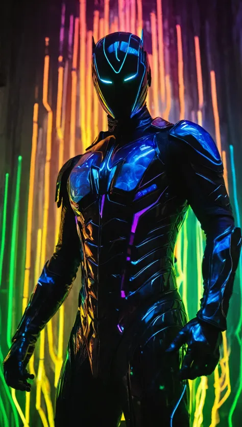 In the ruins of a forgotten city, *The Neon Specter* stands, a figure cloaked in a futuristic, form-fitting suit that clings to his body like a second skin. His face is hidden entirely behind a smooth, featureless mask of black glass, reflecting no light—o...