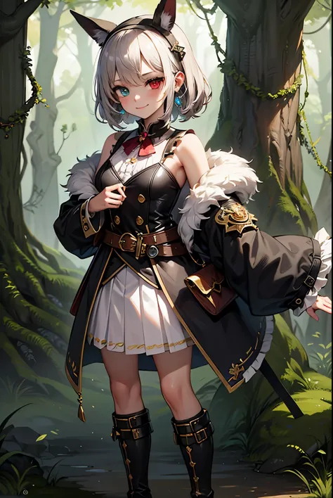 best quality, highly detailed, masterpiece, ultra-detailed,solo, (intense eyes), smirk, (mystical fantasy forest background:1.3), (heterochromia), red eye, golden eye, high battle boots, beltskirt, fantasy jrpg style coat, jewelry, mole_under_eye, looking_...