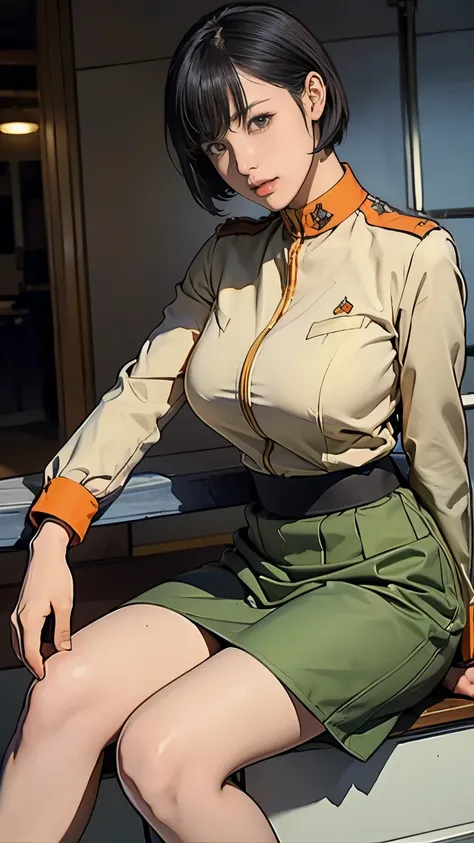 、Earth Federation Operator Girl Soldier、Black short hair、Large Breasts、Idol-level cuteness、Childish face and appearance、Operator intercom mounted on head、Accurately drawn faces、thin、Earth Federation Army in a healthy knee-length skirt style、Knee-length、Ins...