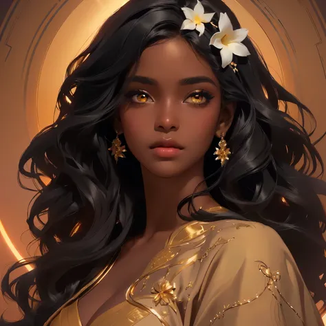 a close-up of a dark-skinned black woman, white eyes, with a golden dress and a flower in her hair, charlie bowater character art, retrato de rossdraw, charlie bowater deep rich colors, Charlie Bowater&#39;s art style, germ of art portrait, wow rossdraws, ...