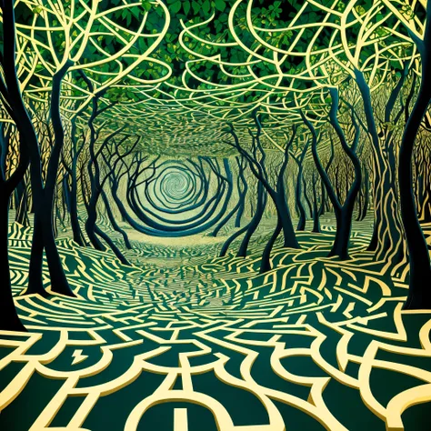 An illustration of a complex labyrinth with several branches, representing a divergent narrative. Inspired by MC Eschers art style, the maze features intricate lines and illusory perspectives. With a vibrant and contrasting color palette, the maze conveys ...