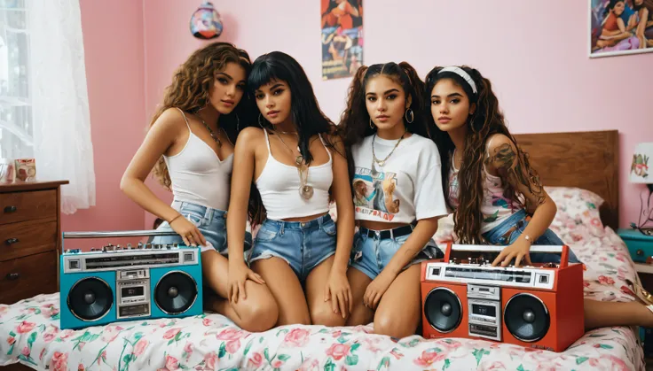 Two 20 years old latin girls is in his 80s bedroom,they are sitting on the bed next to a boombox, the scene is a close-up shot and the girls is on the center of the image.