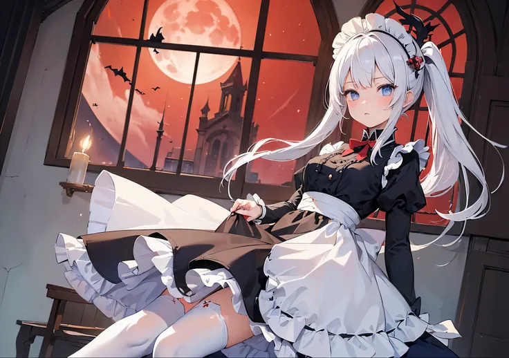 ((masterpiece:1.4)), (best quality), (ultra-detailed), anime style, red moon through the window,church,1girl, medium hair, white hair, short_ponytail, bangs, bat hair ornament, expressionless, blue eyes, small breasts, Maid dress,two legs, white thighhighs...