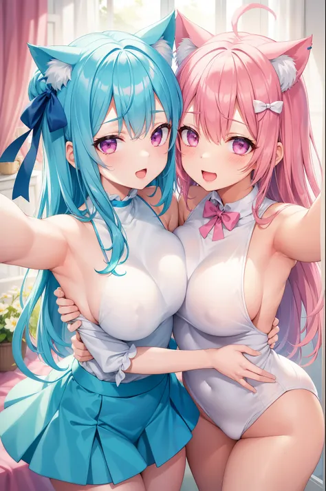 NSFW,Two Girls,selfee,Bring nipples to nipples together,Hugging,show off nipple,Light blue hair,Light pink hairstyle，Cat ears，Pink eyes，Light blue ta，white sock，pink bows,Smile with open mouth,Top image quality,Best Quality