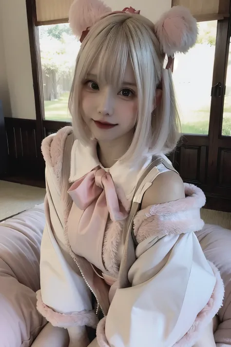 RAW Photo, (8k), (Best Quality: 1.2), (Authentic), (Authentic: 1.37),A young woman with light-colored bob hair is taking a selfie while sitting on her knees, holding them. Her hair has a pink ribbon and a fluffy white hair accessory. She is wearing a shrin...