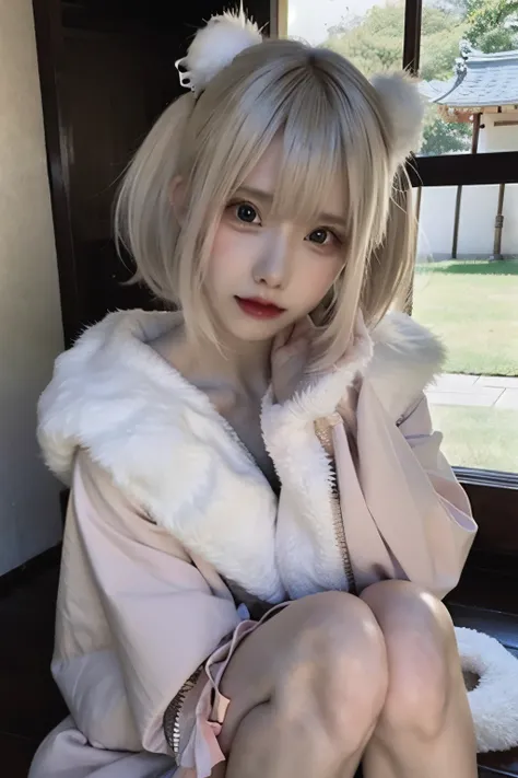 RAW Photo, (8k), (Best Quality: 1.2), (Authentic), (Authentic: 1.37), A young woman with light-colored bob hair is taking a selfie while sitting with her knees raised, holding them. Her hair has a pink ribbon and a fluffy white hair accessory. She is weari...