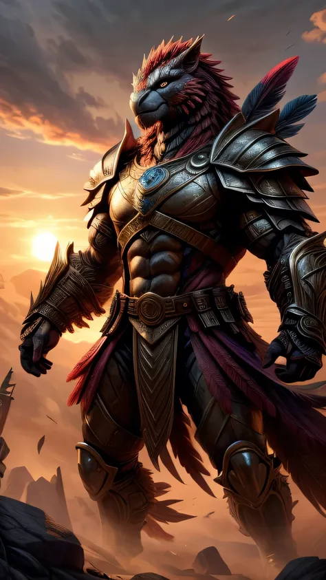 A muscular humanoid griffin, with a strong warrior body covered in feathers and tough griffin skin, and an imposing griffin head. He wears epic battle armor, with intricate details. His stance is powerful, looking fearlessly ahead, ready for combat. The se...