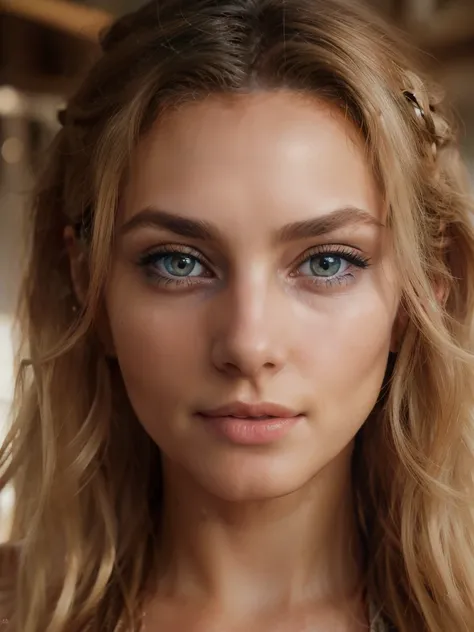 A photorealistic portrait of a insanely beautiful lightly tanned European woman with light make-up, beautiful long blonde hair, extremely detailed light blue eyes, sexy woman, 18 years old, really cute, detailed symmetric realistic face, full lips, extreme...