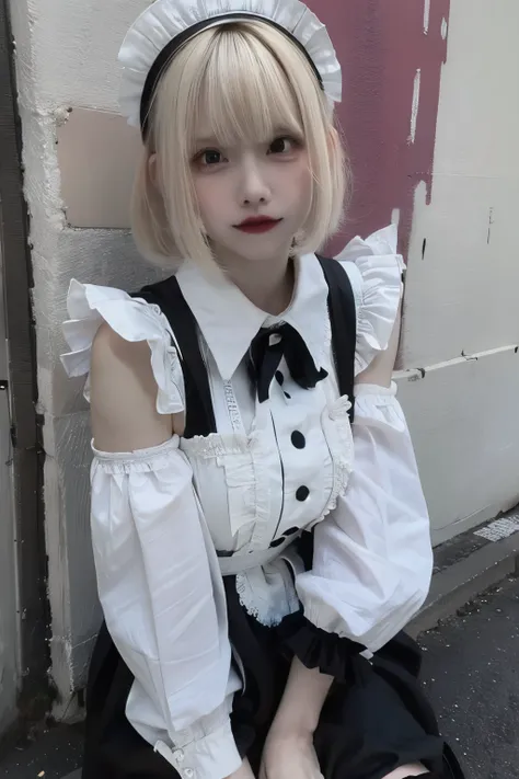 RAW Photo, (8k), (Best Quality: 1.2), (Authentic), (Authentic: 1.37), A young woman with blonde bob hair is sitting with her knees up, holding them. ((Black and white maid outfit, Fashion fashion, Gothic fashion)),Dirty alley at night, graffitied wall:1.3,...