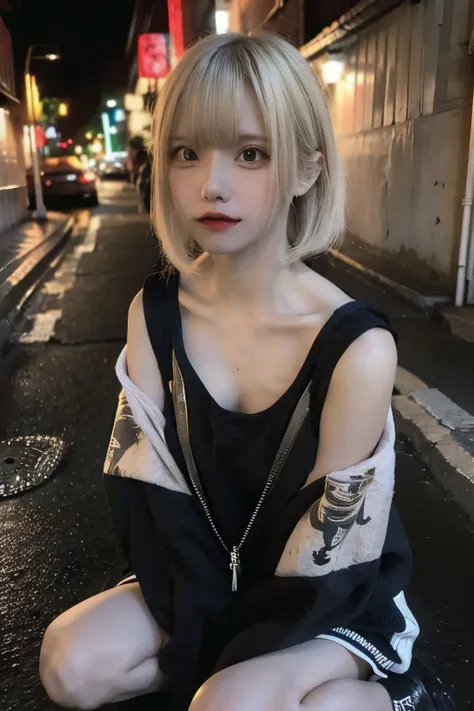 RAW Photo, (8k), (Best Quality: 1.2), (Authentic), (Authentic: 1.37), A young woman with blonde bob hair is taking a selfie while sitting with her knees raised, holding them. She is wearing Japanese Jimine-kei fashion clothes,Dirty alley at night, Graffiti...