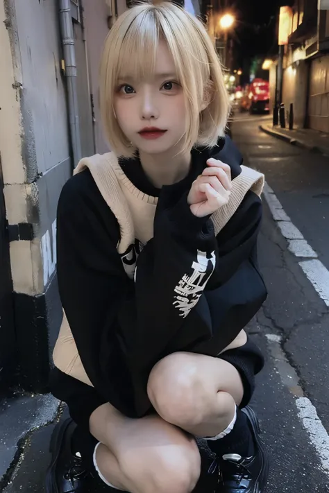 RAW Photo, (8k), (Best Quality: 1.2), (Authentic), (Authentic: 1.37), A young woman with blonde bob hair is taking a selfie while sitting with her knees raised, holding them. She is wearing Japanese Jimine-kei fashion clothes,Dirty alley at night, Graffiti...