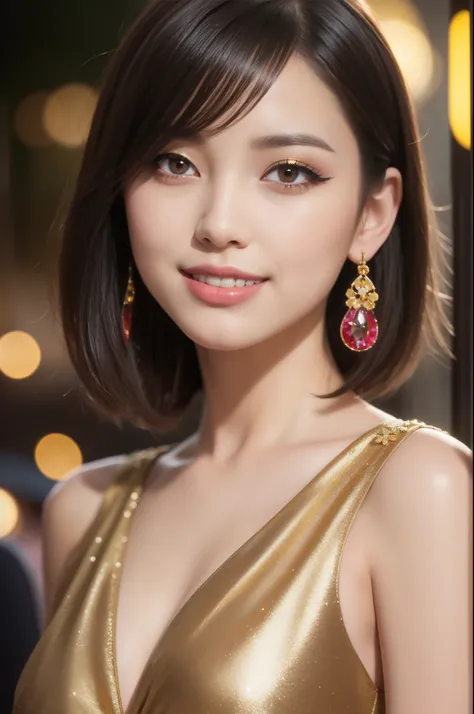 female idol、shiny lip gloss、smiling face、smoky eyeshadow、winged eyeliner、((dramatic lashes))、female silk dress（gold)、flowers、multicolor short hair（neon red)、flowers in the hair (gold)、conceptual art, High quality, Realistic, extremely detailed CG unified 8...