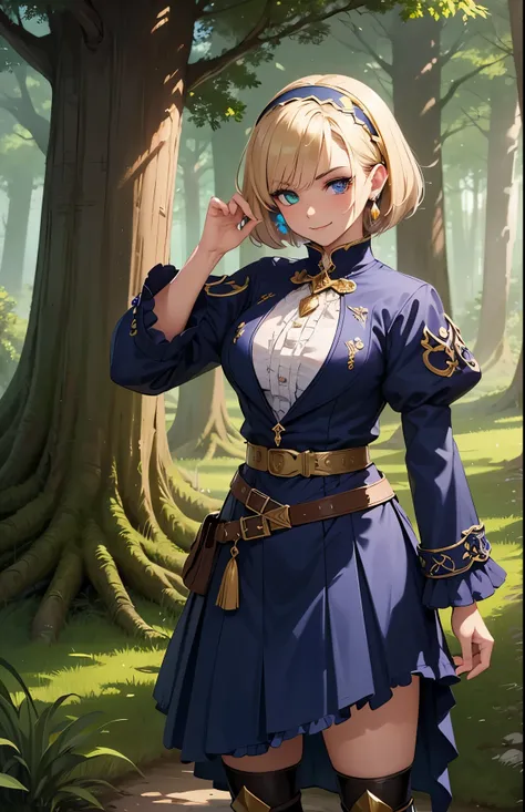 best quality, highly detailed, masterpiece, ultra-detailed,solo, (intense eyes), smirk, (mystical fantasy forest background:1.3), (gold and blue heterochromia), high battle boots, beltskirt, fantasy jrpg style coat, jewelry, mole_under_eye, looking_at_view...