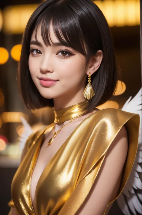 female idol、shiny lip gloss、smiling face、smoky eyeshadow、winged eyeliner、((dramatic lashes))、full body portrait、female silk dress（gold)、multicolor short hair、conceptual art, High quality, Realistic, extremely detailed CG unified 8k wallpaper, highly detail...