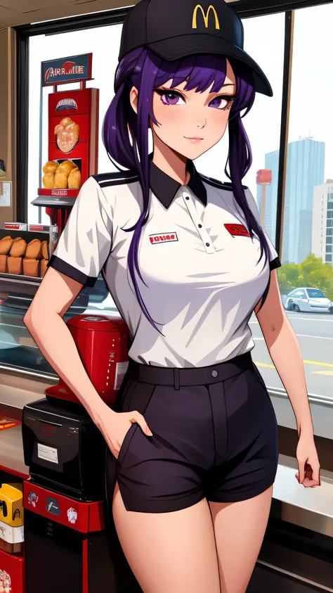 highly detailed, high quality, masterpiece, beautiful, mcdonaldsuniform, 1girl, komi shouko, solo, light smile, purple eyes, pur...