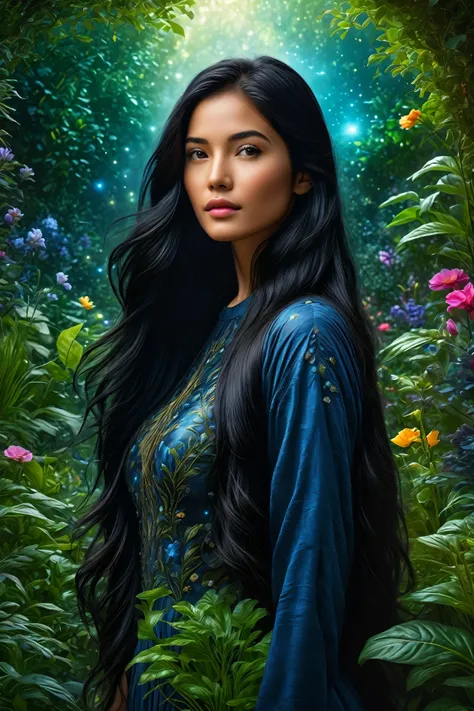 a beautiful young girl with long, flowing black hair in a lush, hyperrealistic garden, highly detailed 8k masterpiece, photoreal...