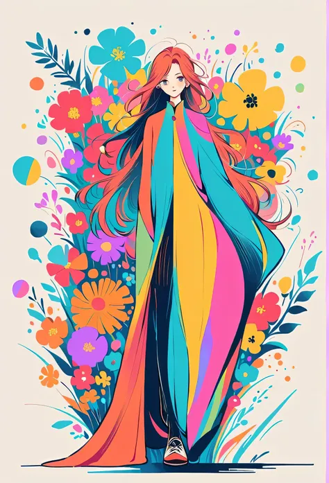 Watase Seizo style, Standing in front of a high wall，Simple Line Initialism，Abstract art，Urban Background, (((The most beautiful girl))), Lips in Love, walking, colorful flowers