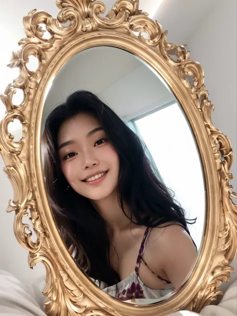 araffed woman in a mirror with a large smile on her face, with a mirror, cindy avelino, mirror selfie, gemma chen, an asian woman, a young asian woman, beautiful asian girl, looking in mirror, 18 years old, asian features, looking in a mirror, looking in t...