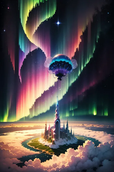 landscape, , (Background Asgard), detailed, illumination, 8k, (Aurora shining in the sky), constellation, (Background Asgard)Rainbow Skyと山脈の景色, Rainbow-colored sea of clouds, Psychedelic Clouds, Heavenly Landscape, Rainbow Sky, Psychedelic Sky, Shining Clo...