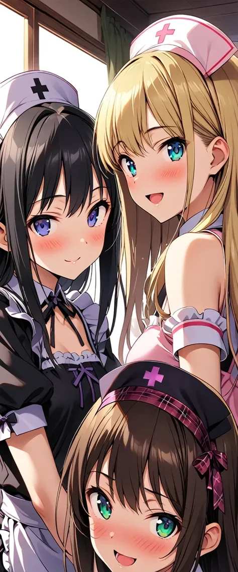 (Blonde), fine grain, smile, Akemi Homura, (beautiful girl: 1.3), Shiny brown hair, (Dark red plaid ribbon), some very nice animated cartoon is shot of three sexy girls in maid outfits, 3girls, multiple girls, censored, is, hat, blonde hair, mosaic censori...