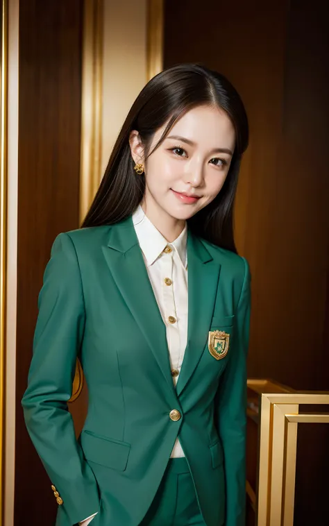 High chest, in green, Gentleness, smile, 35 year old, Enchanting, wearing business suit, small a gold badge