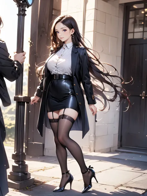 (masterpiece:1.3),(best quality, highest quality),((Full Body Shot,Including face)),1girl,4K,((Focus on the face)),Beautiful woman,((High heels,stockings)), profile,(Leather military uniform、skirt),Slender woman,figure,Age 25,1girl,(windmill)