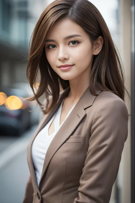 Tabletop, Please redeem, Realistic, Super detailed, finely, High resolution, 8K wallpaper, One beautiful woman,, Light brown, unkempt hair, Wearing a business suit, Sharp focus, Perfect dynamic composition, finelyて美しい目, Thin Hair, Detailed and Realistic sk...