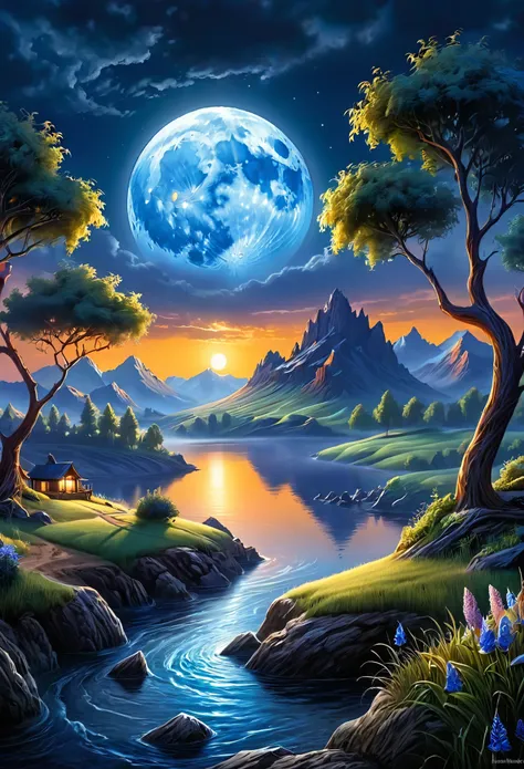 art：phil koch, megan howland blue moon digital larue pocherves summer landscape sunset luminous illustration, fantastic realism:...