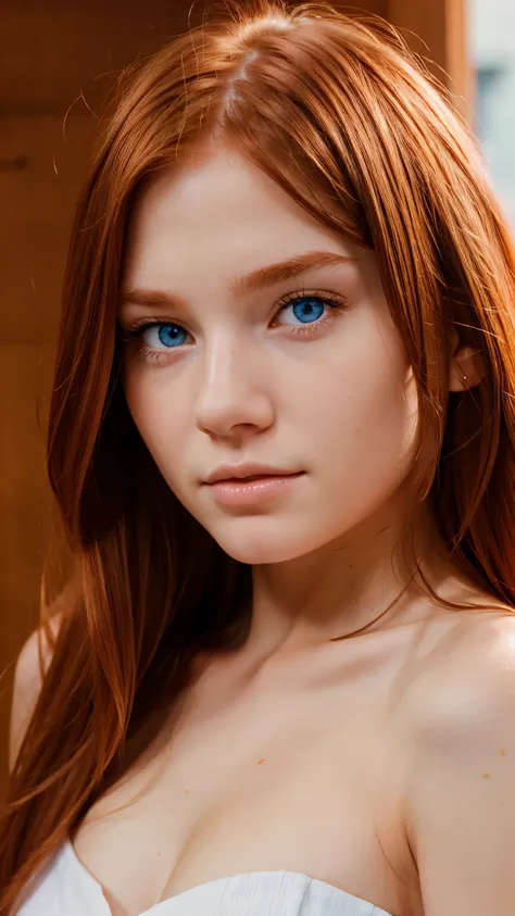 white copper redhead teenager, pink skin, face close, photo-realistic, detailed skin, blue eyes, long hair, symmetric face