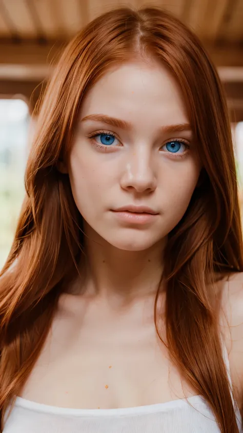 white copper redhead teenager, pink skin, face close, photo-realistic, detailed skin, blue eyes, long hair, symmetric face