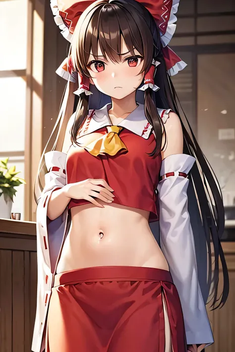 super fine illustration, vibrant colors, masterpiece, sharp focus, best quality, depth of field, cinematic lighting, ultra detailed, belly, navel, tummy, shrine maiden, hakurei reimu, 1girl, hair bow, ascot, hair tubes, detached sleeves, looking down, red ...