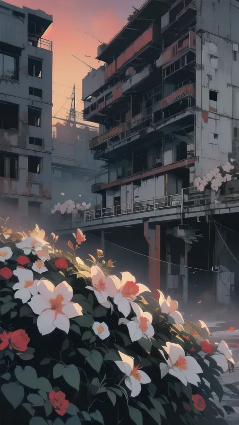 Detailed Machinery、Abandoned Factory、Atrium、White Floweeld、(((Crashed fighter plane)))、Pitch Black Night、Blue dark、Fog、Detailed Background、Top Quality、(((No humans)))、Broken and rusty fighter plane、(((Red Sunset)))、(((White flowers bloom on the building)))