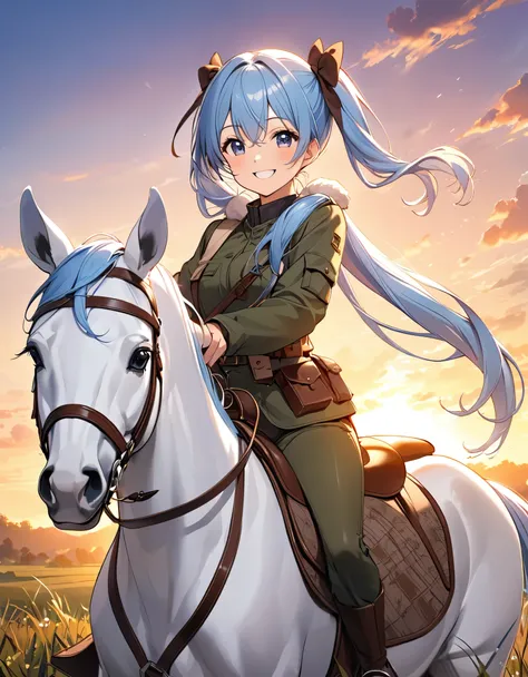 Light blue long hair、Beautiful girl with twin tails、Beautiful sunset、Happy smile、Ride the White 虎、Hunting outfit