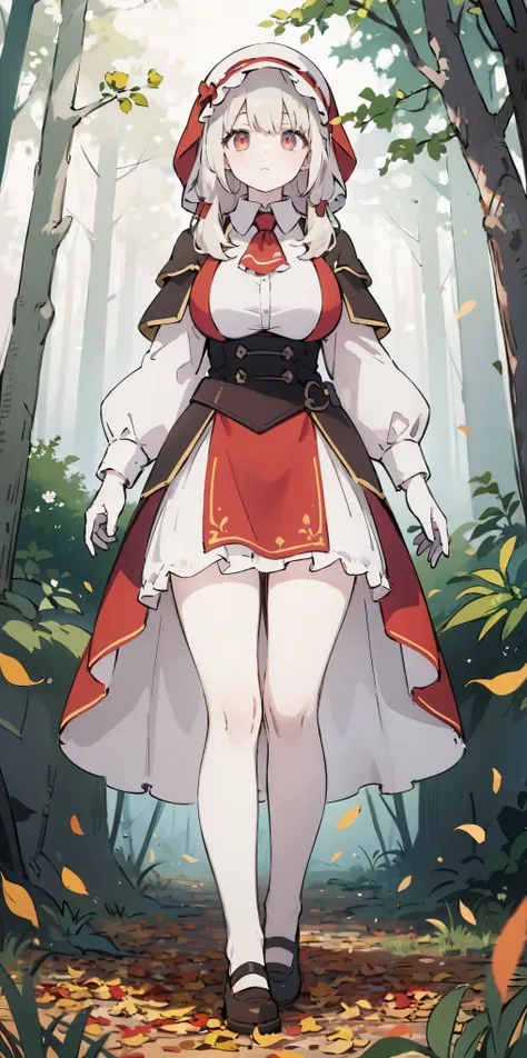 masterpiece, top quality, best quality), pixel,pixel art, 1 girl, full body, doll, white hair, doll joints, bonnet, red ascot, brown cloak, brown dress, gloves, looking at viewer, expressionless, forest, trees, fallen leaves, dark skies, grey sky, desatura...